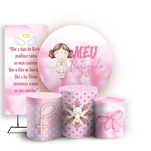 KIT Redondo Trio e Faixa - Batizado Rosa - Sublimado 3D