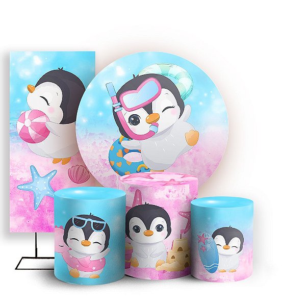 KIT Redondo Trio e Faixa - Pinguin Piscina Pool Party - Sublimado 3D
