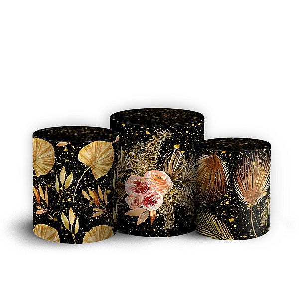 Trio Cilindro - Floral Dourado - Sublimado 3D + Elástico