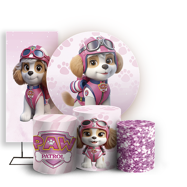 KIT Redondo Trio e Faixa - Patrulha Canina Rosa - Sublimado 3D