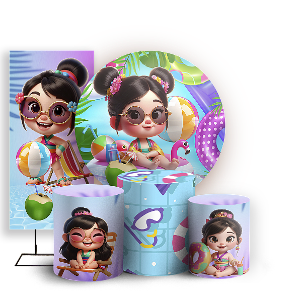 KIT Redondo Trio e Faixa - Princesas Pool Party - Sublimado 3D