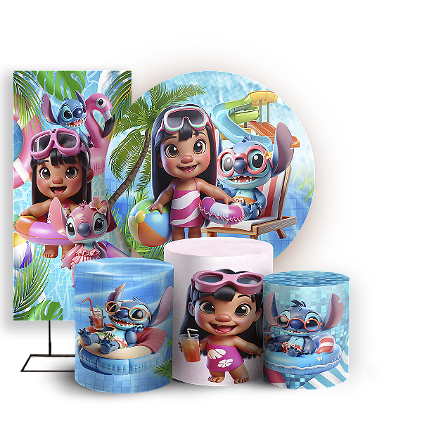 KIT Redondo Trio e Faixa - Stitch Pool Party - Sublimado 3D