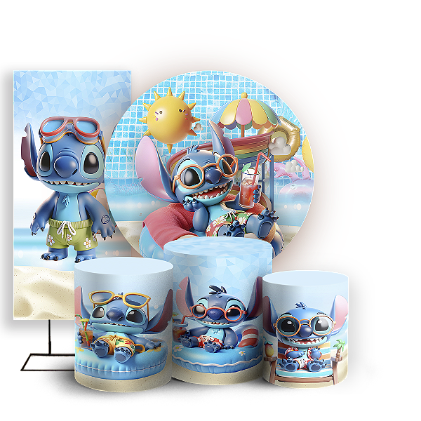 KIT Redondo Trio e Faixa - Stitch Pool Party - Sublimado 3D