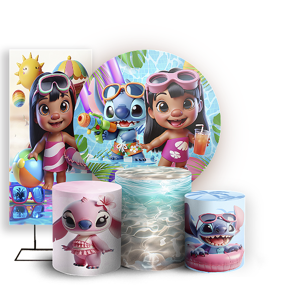 KIT Redondo Trio e Faixa - Stitch Pool Party - Sublimado 3D
