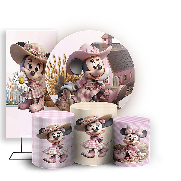 KIT Redondo Trio e Faixa - Minnie Fazendinha - Sublimado 3D