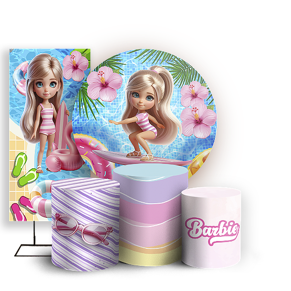 KIT Redondo Trio e Faixa - Barbie Pool Party - Sublimado 3D