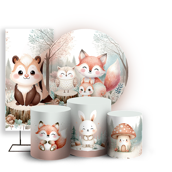 KIT Redondo Trio e Faixa - Animais Bosque Encantado - Sublimado 3D