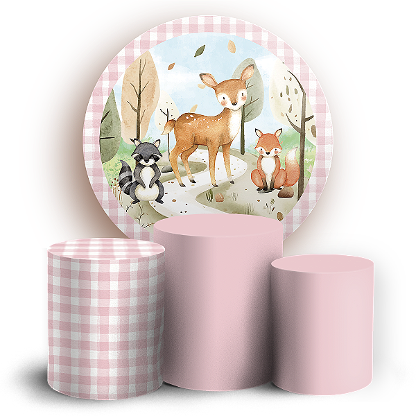 KIT Redondo e Trio - Animais Bosque Rosa - Sublimado 3D - By Cris Reis