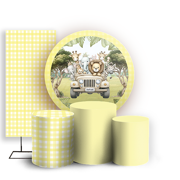 KIT Redondo Trio e Faixa - Safari Xadrez Amarelo - Sublimado 3D - By Cris Reis