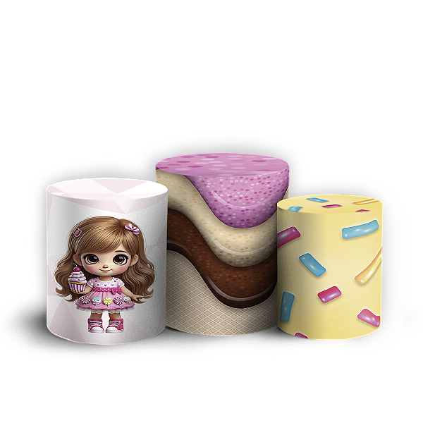 Trio Cilindro - Menina Confeitaria Doces - Sublimado 3D