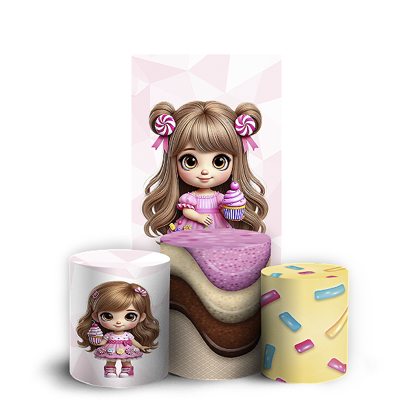 Faixa Lateral e Trio Cilindro Sublimado 3D Vest Facil - Menina Confeitaria Doces