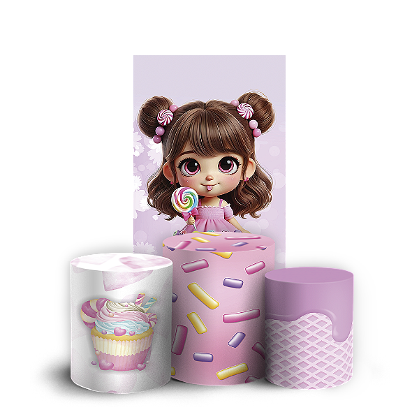 Faixa Lateral e Trio Cilindro Sublimado 3D Vest Facil - Menina Confeitaria Doces