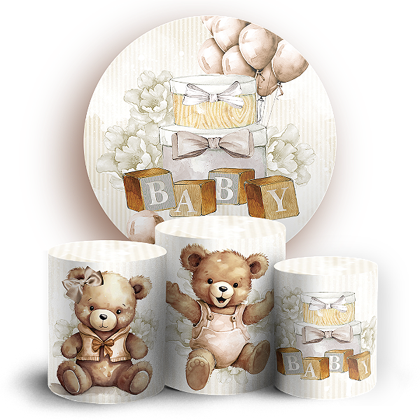 KIT Redondo e Trio Sublimado 3D - Ursinho Bege