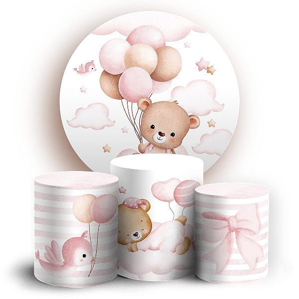 KIT Redondo e Trio Sublimado 3D - Ursinha Rosa