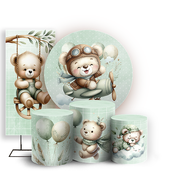 KIT Redondo Trio e Faixa Sublimado 3D - Ursinho Verde