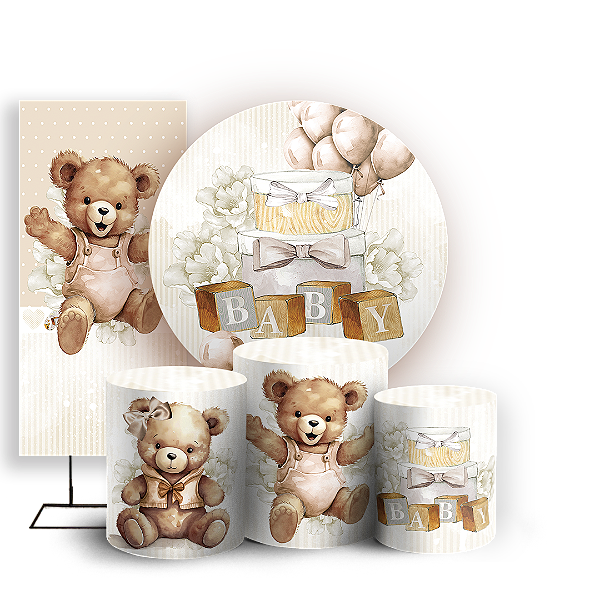 KIT Redondo Trio e Faixa Sublimado 3D - Ursinho Bege