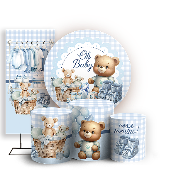KIT Redondo Trio e Faixa Sublimado 3D - Ursinho Azul