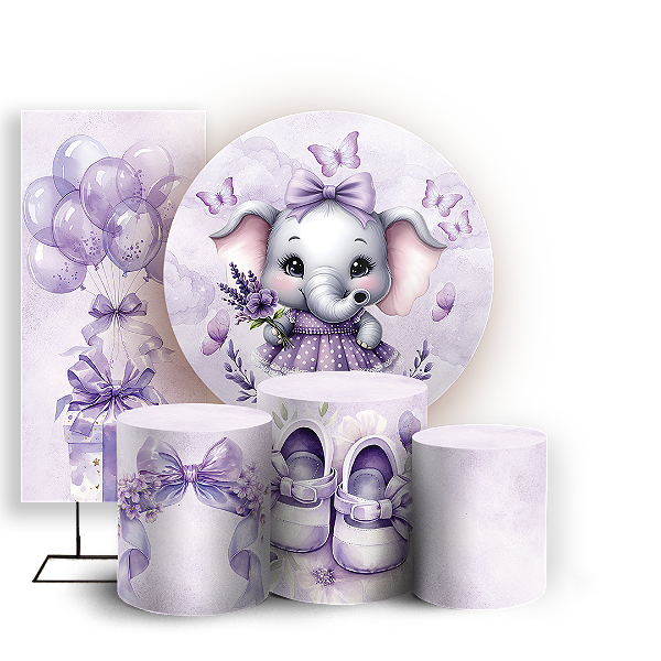 KIT Redondo Trio e Faixa Sublimado 3D - Elefantinha Lilás