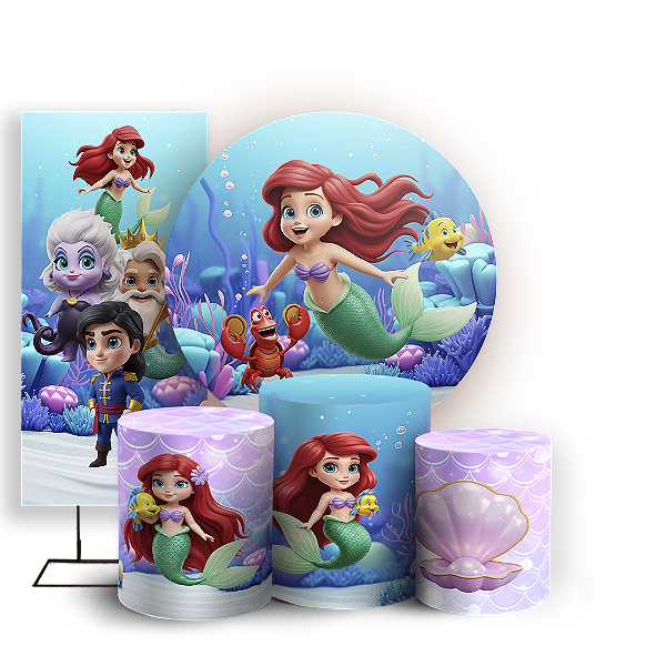 KIT Redondo Trio e Faixa Sublimado 3D - Princesa Ariel Pequena Sereia