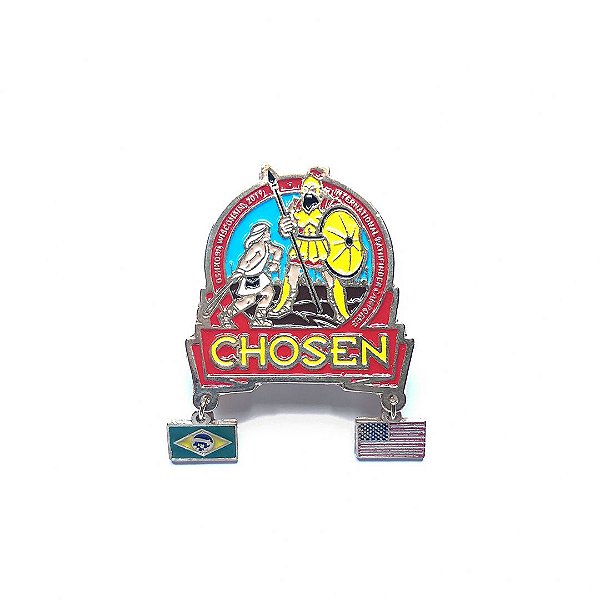 Pin, Chosen com bandeirinhas do Brasil e dos Estados Unidos