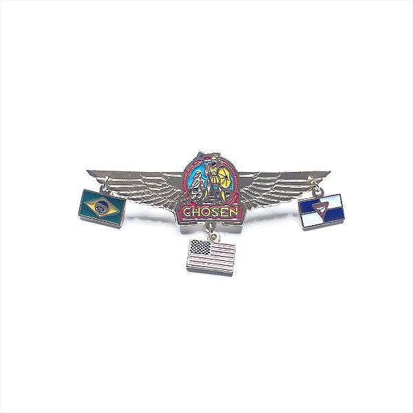 Pin, chosen, com asas e três pingentes