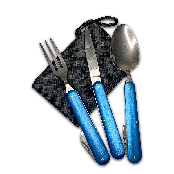 Kit 3 Talheres Inox Azul Retrátil Camping