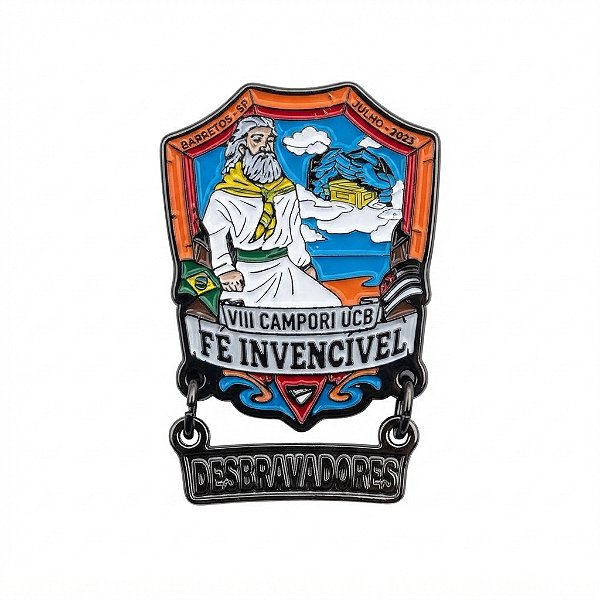 ARGANEL/PRENDEDOR DE LENÇO UCB "FÉ INVENCIVÉL", GRAVADO EM METAL BANHO BLACK COM PLACA DESBRAVADORES