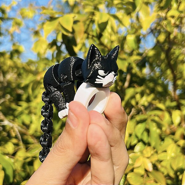 ARGANEL/PRENDEDOR DE LENÇO 3D ARTICULADO, GATINHO RABO LONGO PRETO