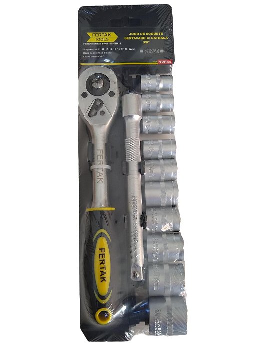 Jogo de soquetes sextavado com catraca 3/8" Fertak.