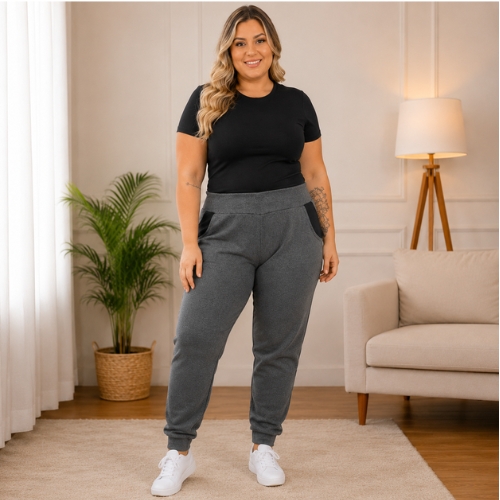 Calça Moletom Feminina Cereja Rosa Curves