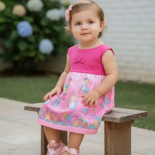 Vestido Infantil de Meia Malha Com Estampa Oceano