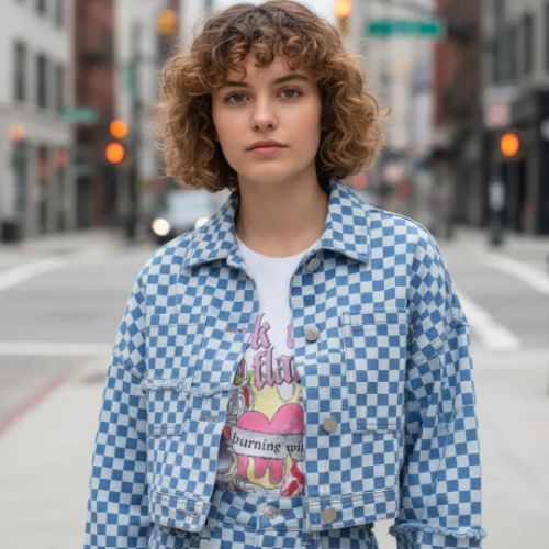 Jaqueta Feminina Cropped Jeans Quadriculado Enfim