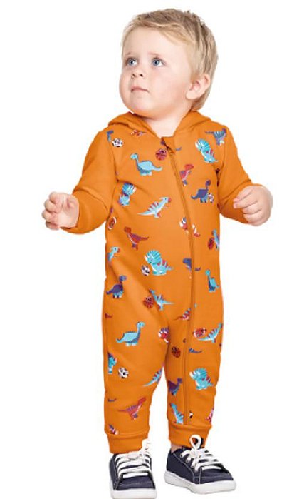 Macacão em Moletom c/ Capuz Bebê Menino Dinos Damasco - ReiRex