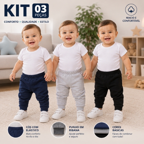 Kit Calça Moletom Infantil Peluciado Com Punho 3 Peças Kely & Kety