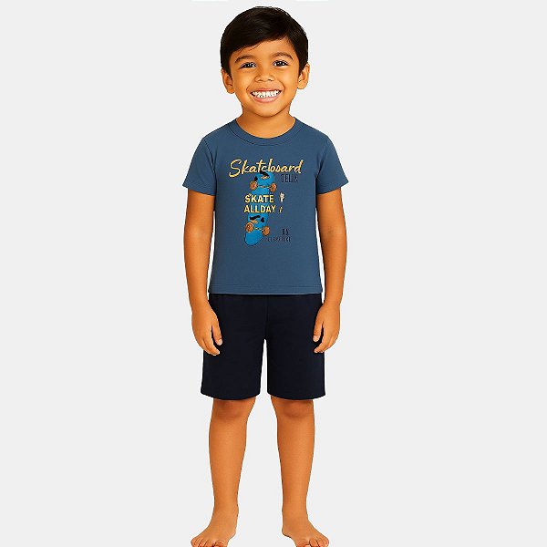 Conjunto Infantil Menino Camiseta e Shorts Skatista Rei Rex