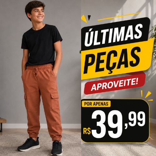 Calça Jogger Sarja Bolsos Laterais Menino Carinhoso