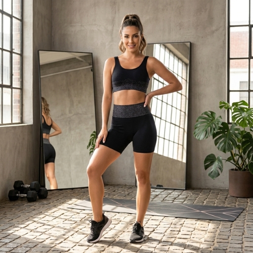 Conjunto Feminino de Short Fitness e Top Seamless em Poliamida Enfim