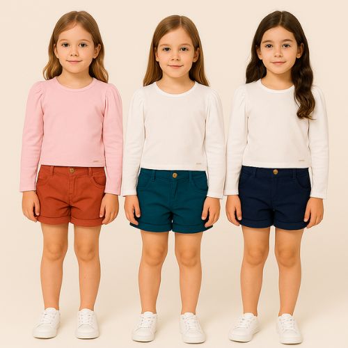 Conjunto Menina Shorts Jeans e Blusa- Carinhoso