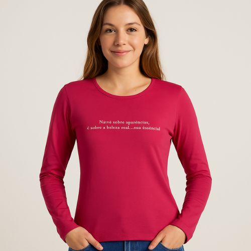 Blusa Manga Longa em Viscose - Cereja Rosa