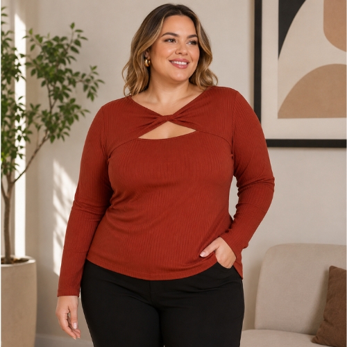 Blusa Manga Longa Canelada Plus Size- Cereja Rosa
