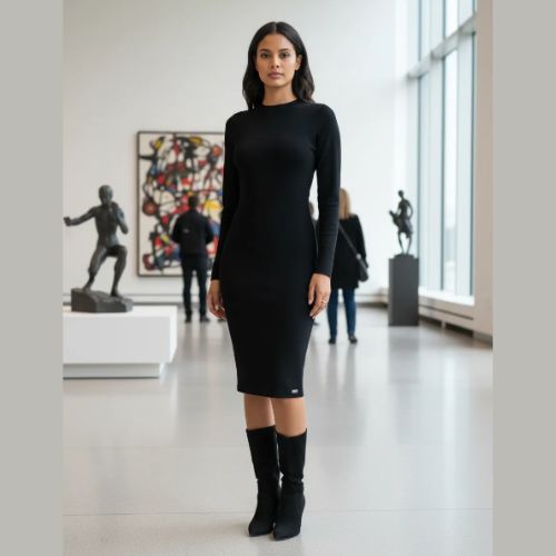 Vestido Midi Manga Longa em Viscose- Cereja Rosa