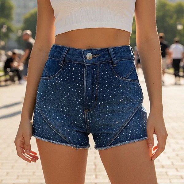 Shorts Jeans Feminino Curto Com Aplicação de Strass
