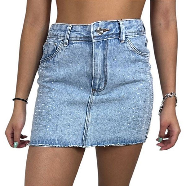 Mini Saia Feminina  Jeans Cintura Alta Clara com Strass