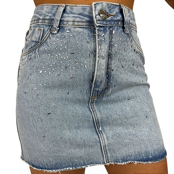 Mini Saia Jeans Cintura Alta Clara com Strass brilho Pedrinhas