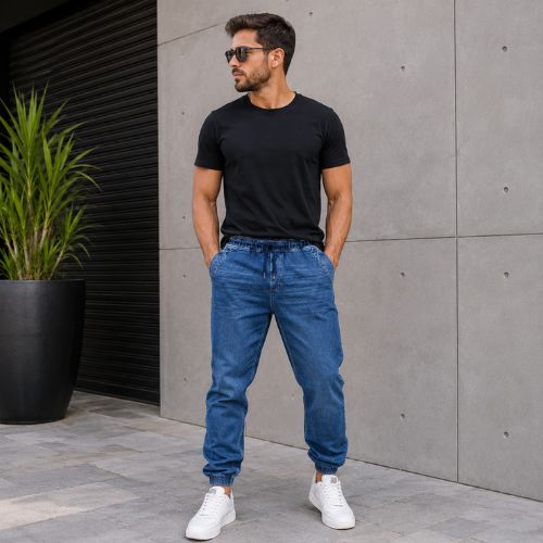 Calça Jeans Masculina Jogger com Punho Elástico - Enfim