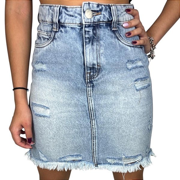 Saia Jeans Feminina Cintura Média Enfim Destroyed