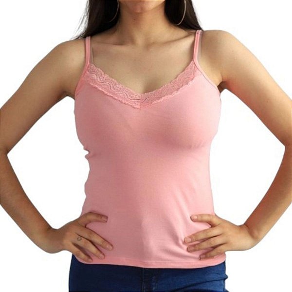 Regata Feminina de Cotton Light Com Renda Cereja Rosa
