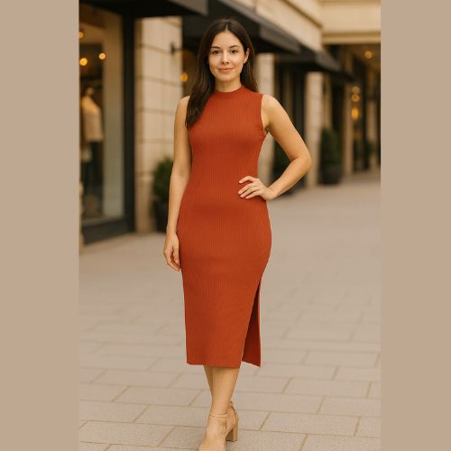 Vestido Midi Canelado Com Gola Alta e Fenda - Cativa