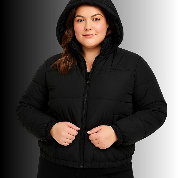 Jaqueta Feminina Plus  Size Puffer Com Capuz Removível Cereja Rosa