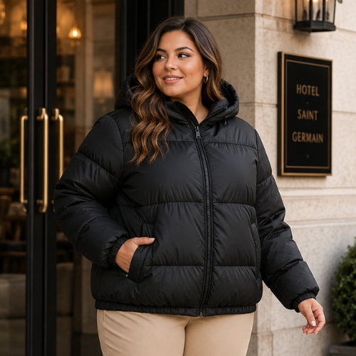 Jaqueta Feminina Plus Size Puffer Com Capuz Removível Cereja Rosa